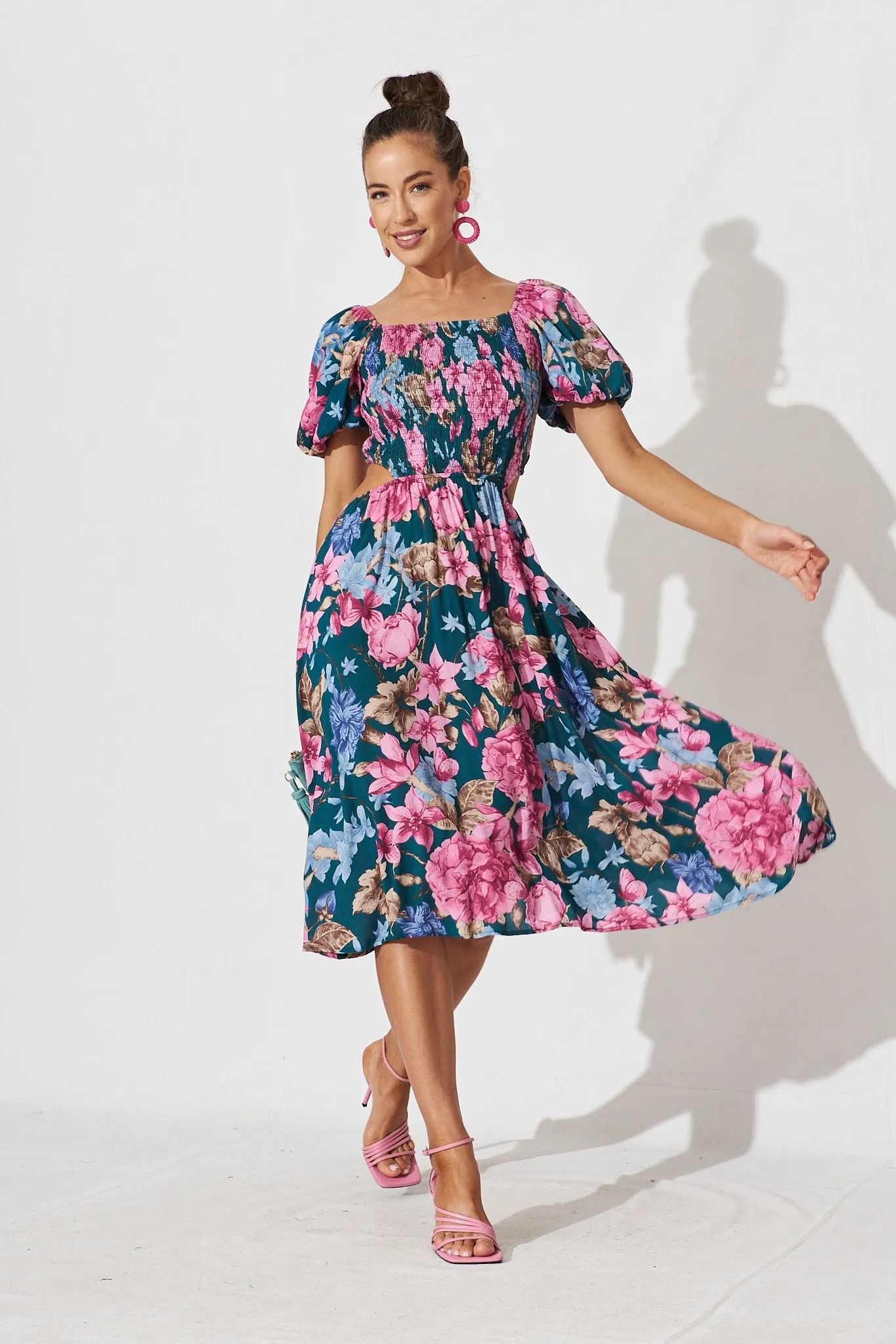 Laureate Midi Dress In Teal With Pink Floral sold by St Frock