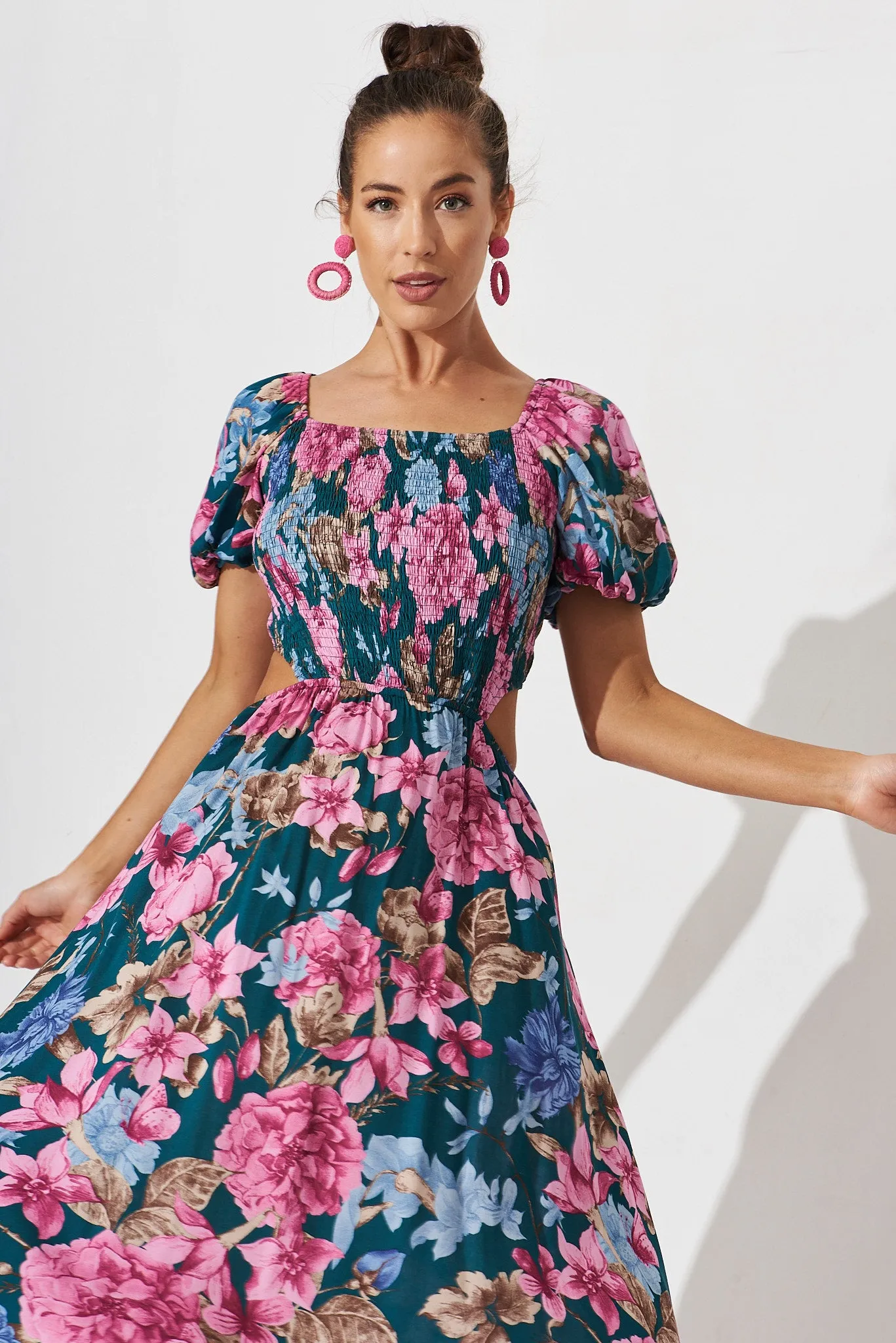 Laureate Midi Dress In Teal With Pink Floral sold by St Frock product image thumbnail 3
