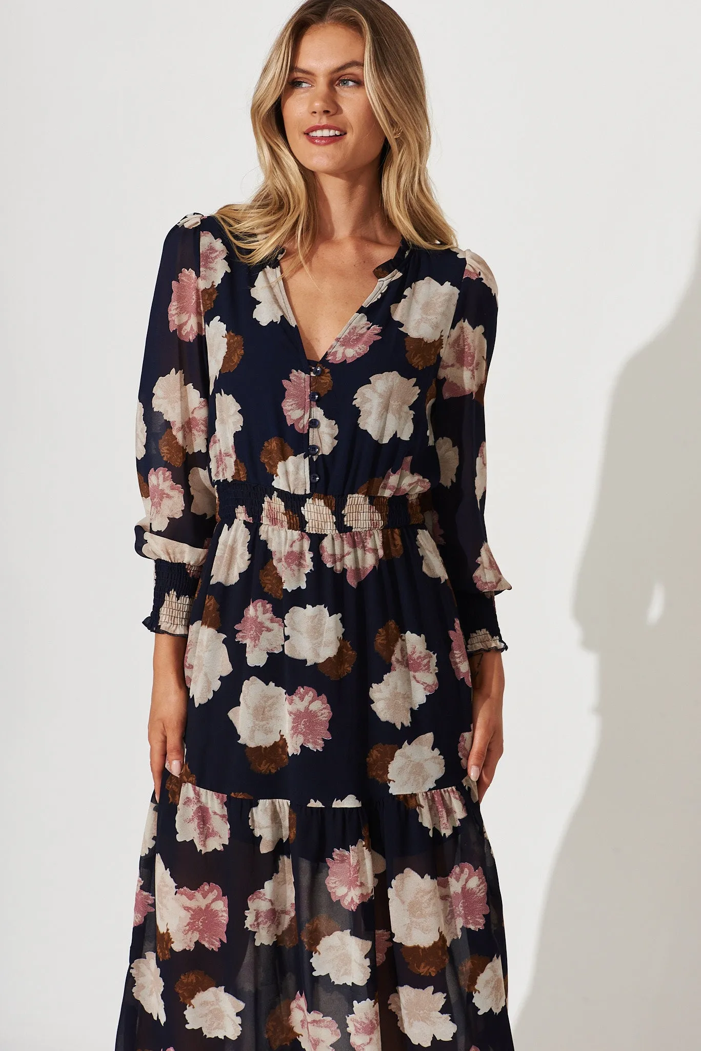 Hamilton Maxi Dress In Navy With Blush Floral Chiffon sold by St Frock product image thumbnail 2