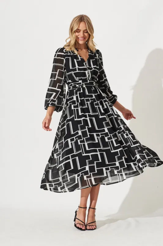 Lustre Midi Dress In Black With White Geometric Print Chiffon sold by St Frock