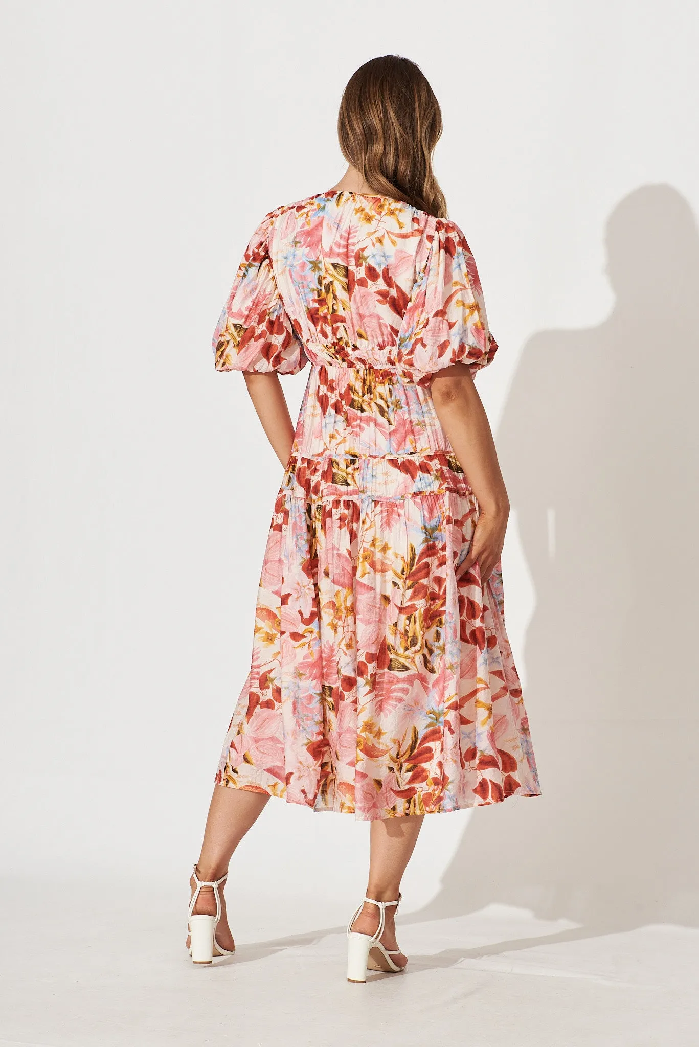 Amalie Midi Dress In Pink With Red Leaf Print sold by St Frock product image thumbnail 4