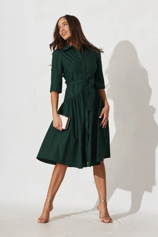 Marie Midi Shirt Dress In Emerald Cotton sold by St Frock