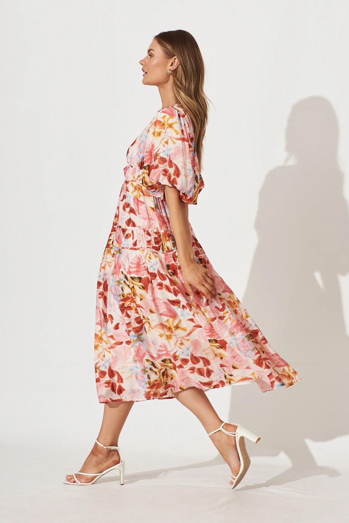 Amalie Midi Dress In Pink With Red Leaf Print sold by St Frock product image thumbnail 3