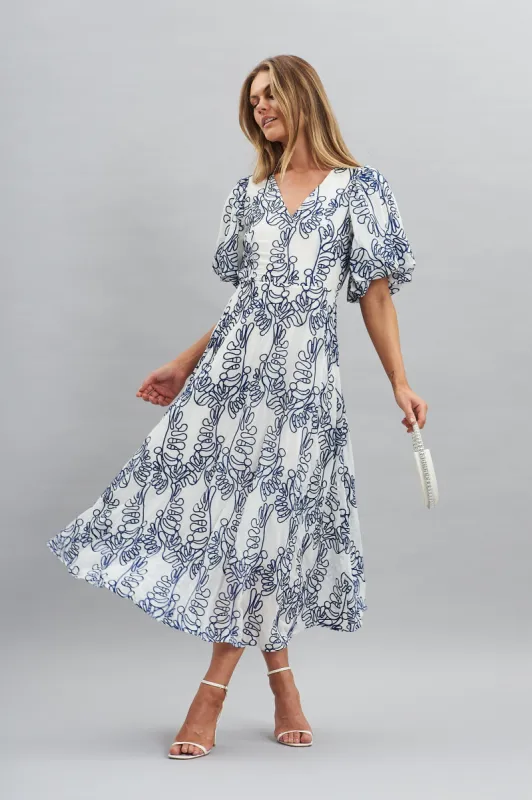 Tiffany Maxi Dress In White With Blue Embroidery sold by St Frock