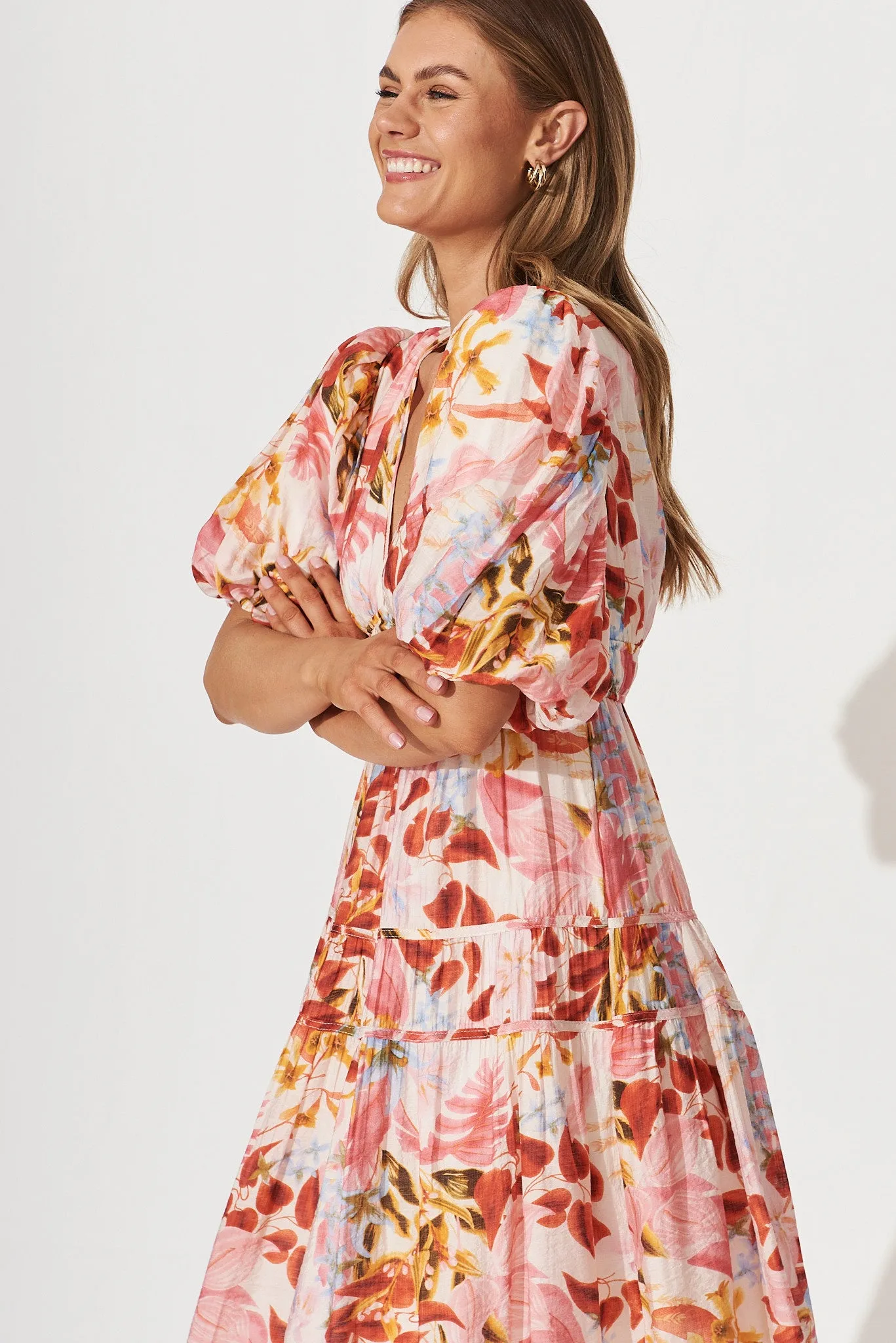 Amalie Midi Dress In Pink With Red Leaf Print sold by St Frock product image thumbnail 5