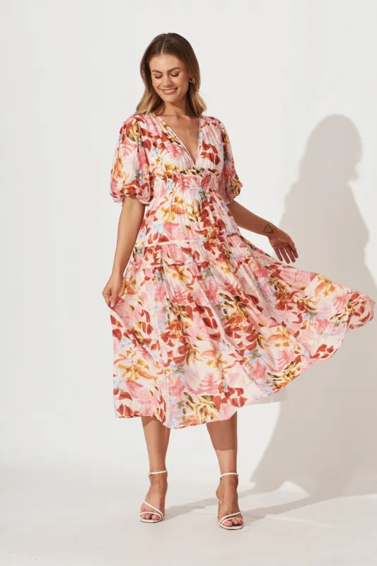 Amalie Midi Dress In Pink With Red Leaf Print sold by St Frock