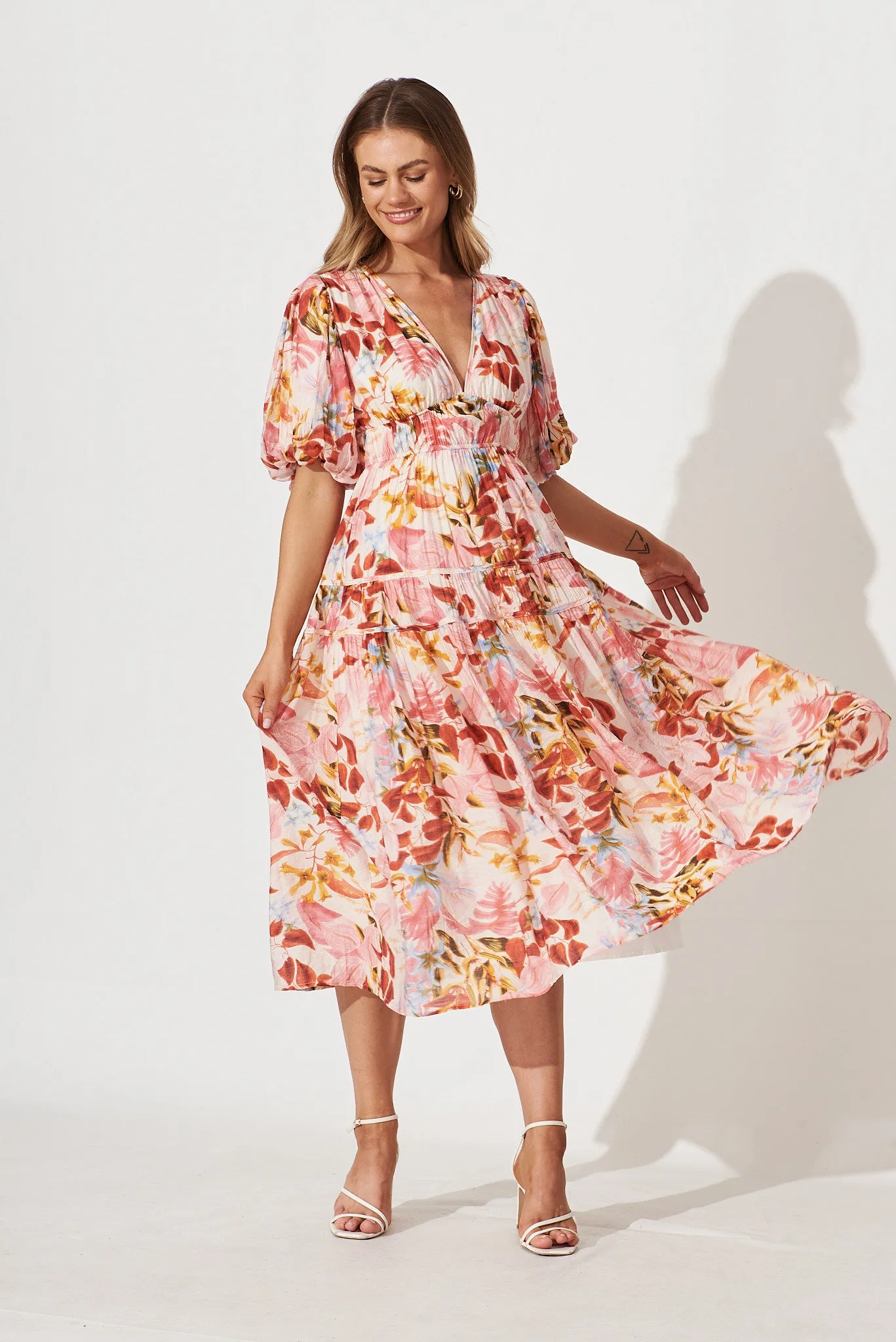 Amalie Midi Dress In Pink With Red Leaf Print sold by St Frock