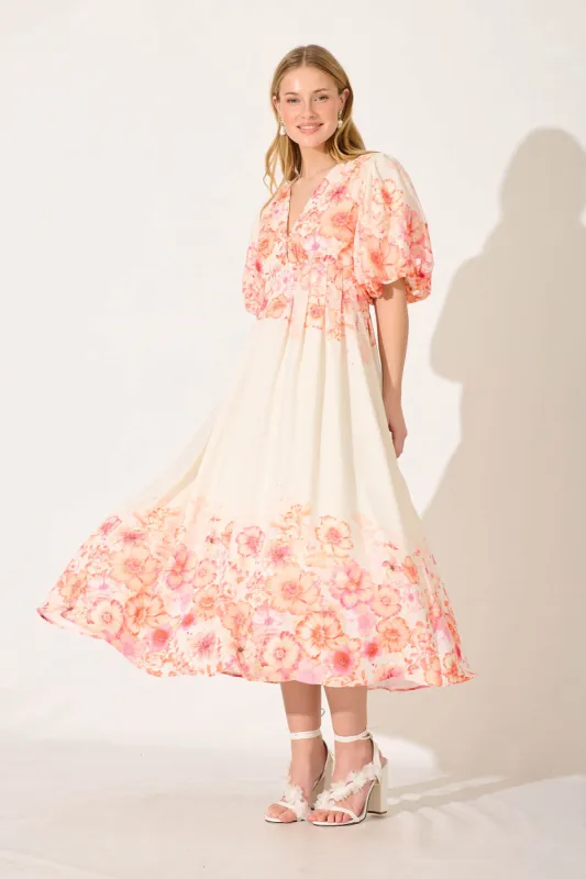 Lovin You Maxi Dress In Tangerine Floral Linen Blend sold by St Frock