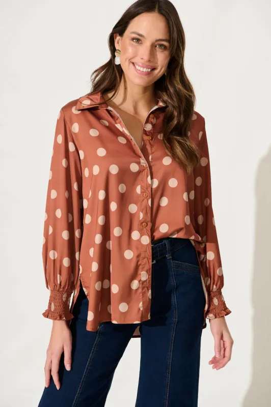 Patty Shirt In Chocolate With Champagne Spot Satin sold by St Frock