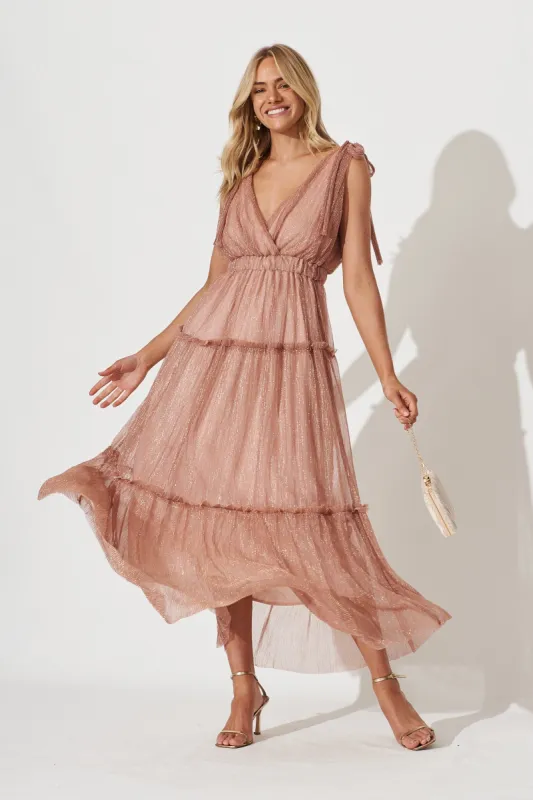 Annetta Maxi Dress In Rose Gold Lurex Chiffon sold by St Frock