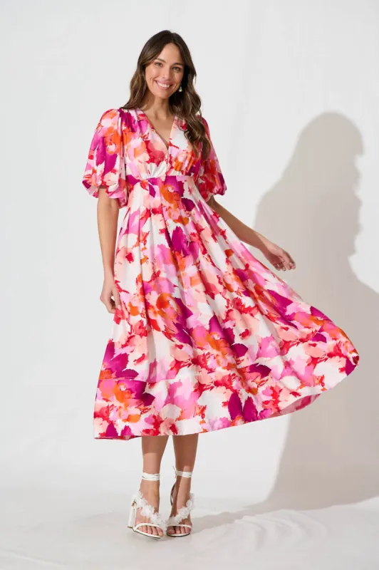 Daydreamer Midi Dress in White with Pink Multi Floral sold by St Frock