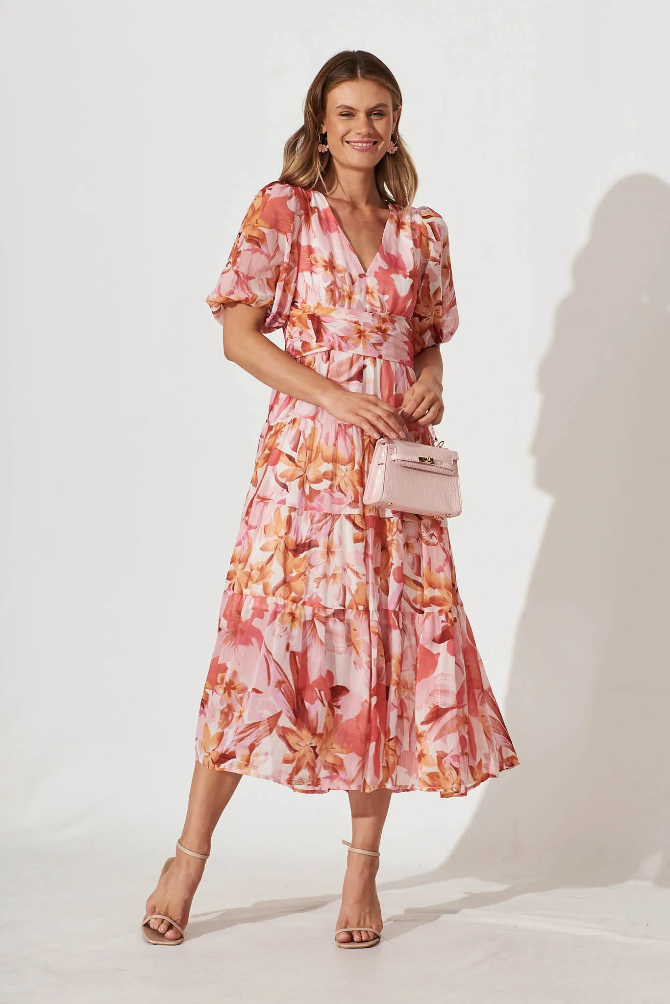 Celine Midi Dress in Pink Floral Lurex Chiffon sold by St Frock product image thumbnail 5