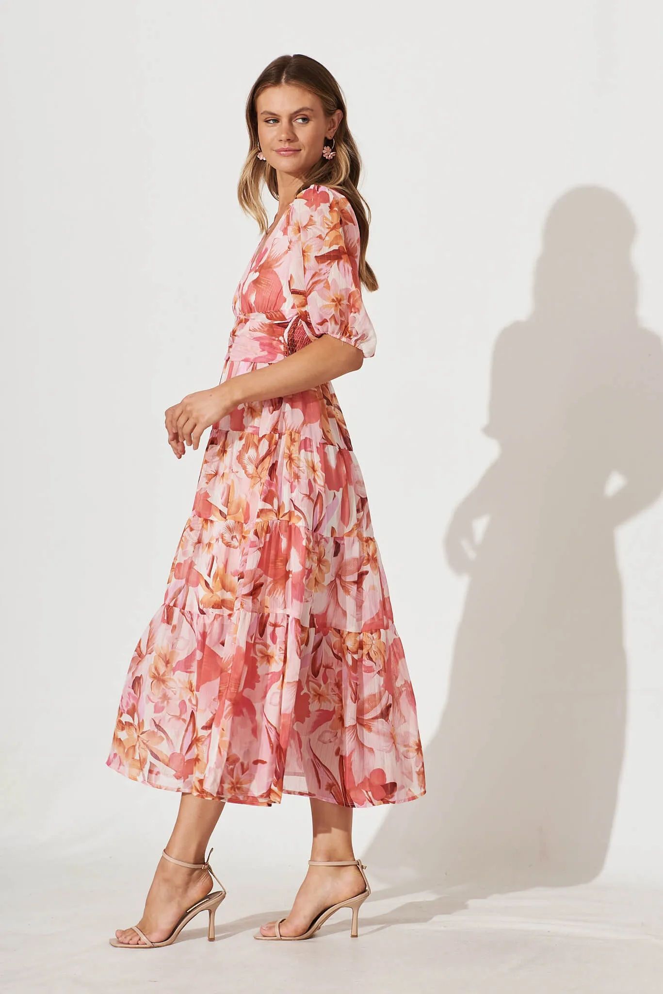 Celine Midi Dress in Pink Floral Lurex Chiffon sold by St Frock product image thumbnail 3