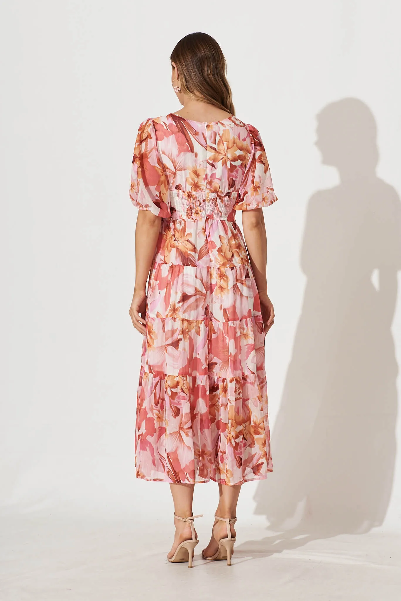 Celine Midi Dress in Pink Floral Lurex Chiffon sold by St Frock product image thumbnail 4