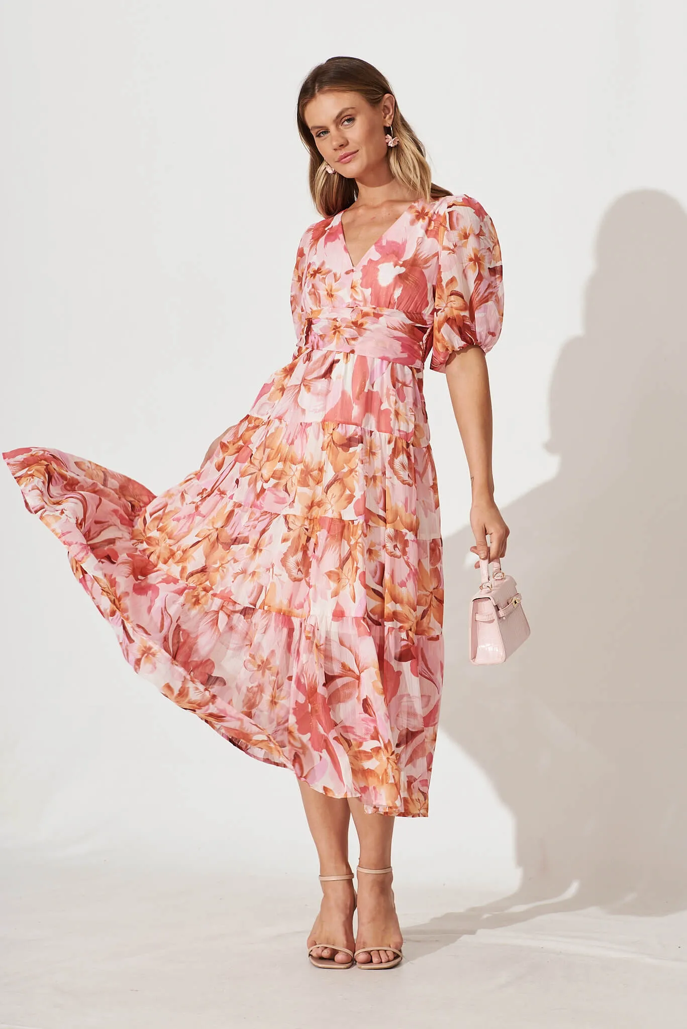 Celine Midi Dress in Pink Floral Lurex Chiffon sold by St Frock