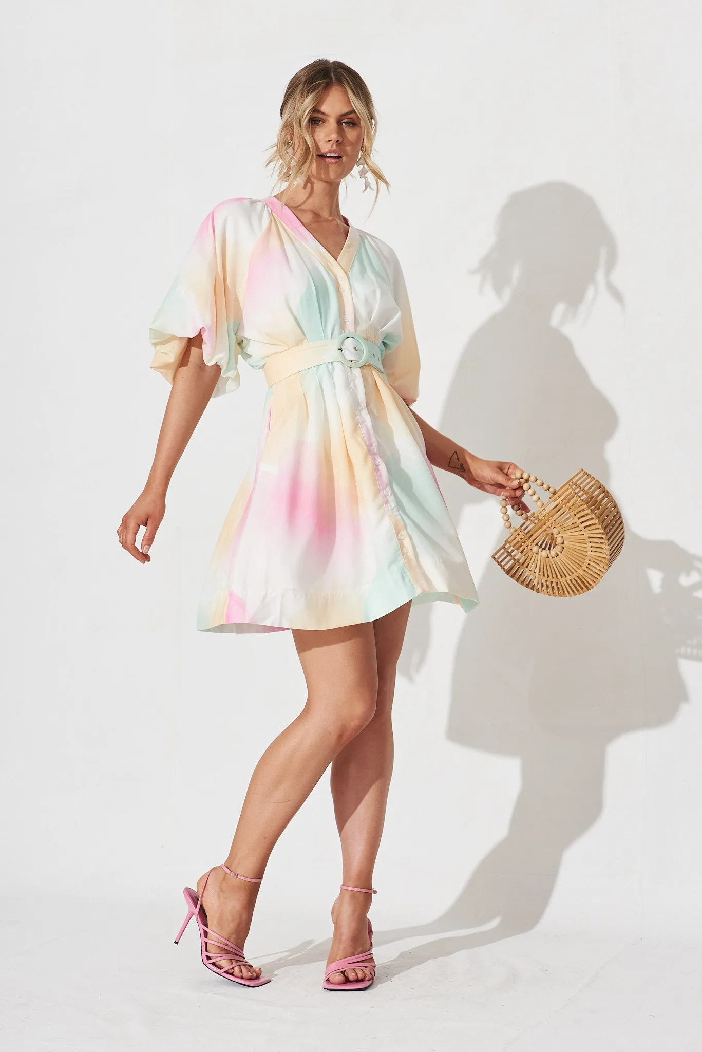 Teagan Dress In White With Multi Watercolour Linen Blend sold by St Frock product image thumbnail 3