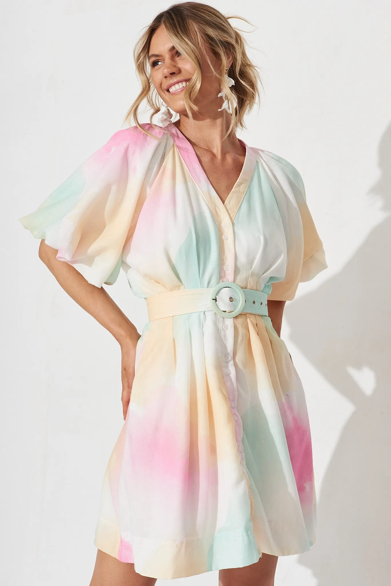 Teagan Dress In White With Multi Watercolour Linen Blend sold by St Frock product image thumbnail 2