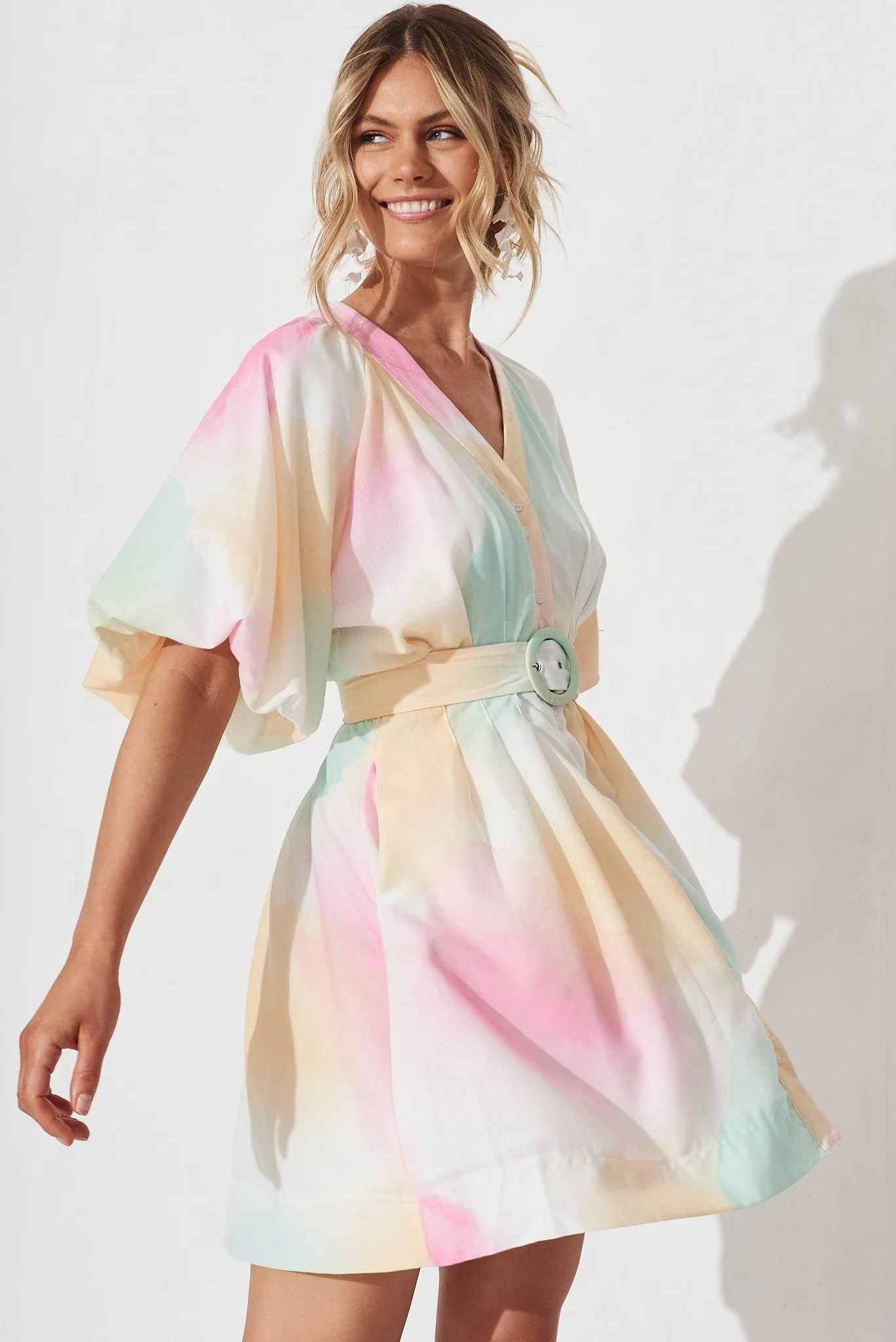 Teagan Dress In White With Multi Watercolour Linen Blend sold by St Frock product image thumbnail 4