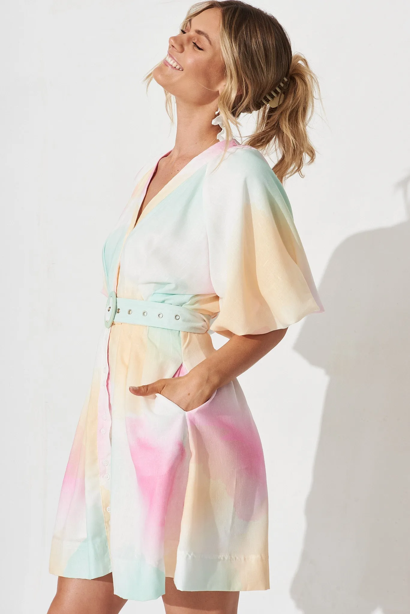 Teagan Dress In White With Multi Watercolour Linen Blend sold by St Frock product image thumbnail 5