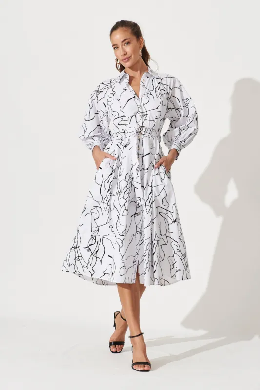 Jenna Midi Shirt Dress In White And Black Print Cotton sold by St Frock