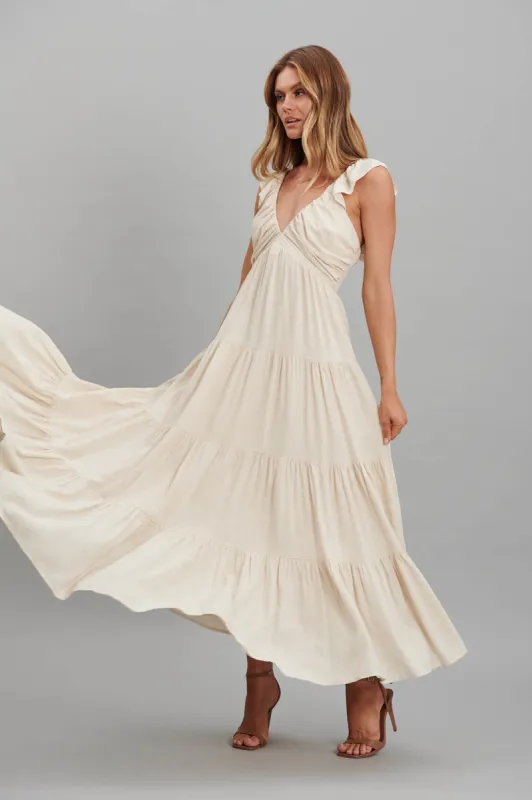 Monroe Maxi Sundress In Oatmeal Linen Blend sold by St Frock