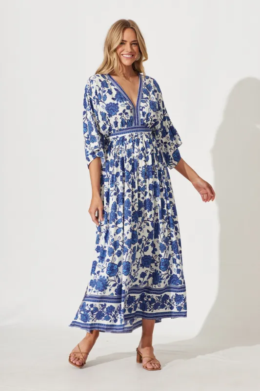 Break Free Maxi Dress In Cream With Blue Floral Border Print sold by St Frock