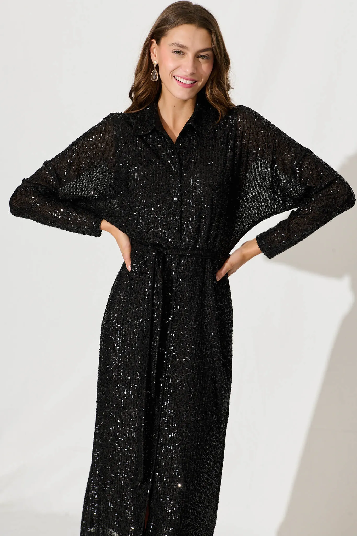 Diva Midi Shirt Dress In Black Sequin sold by St Frock product image thumbnail 3