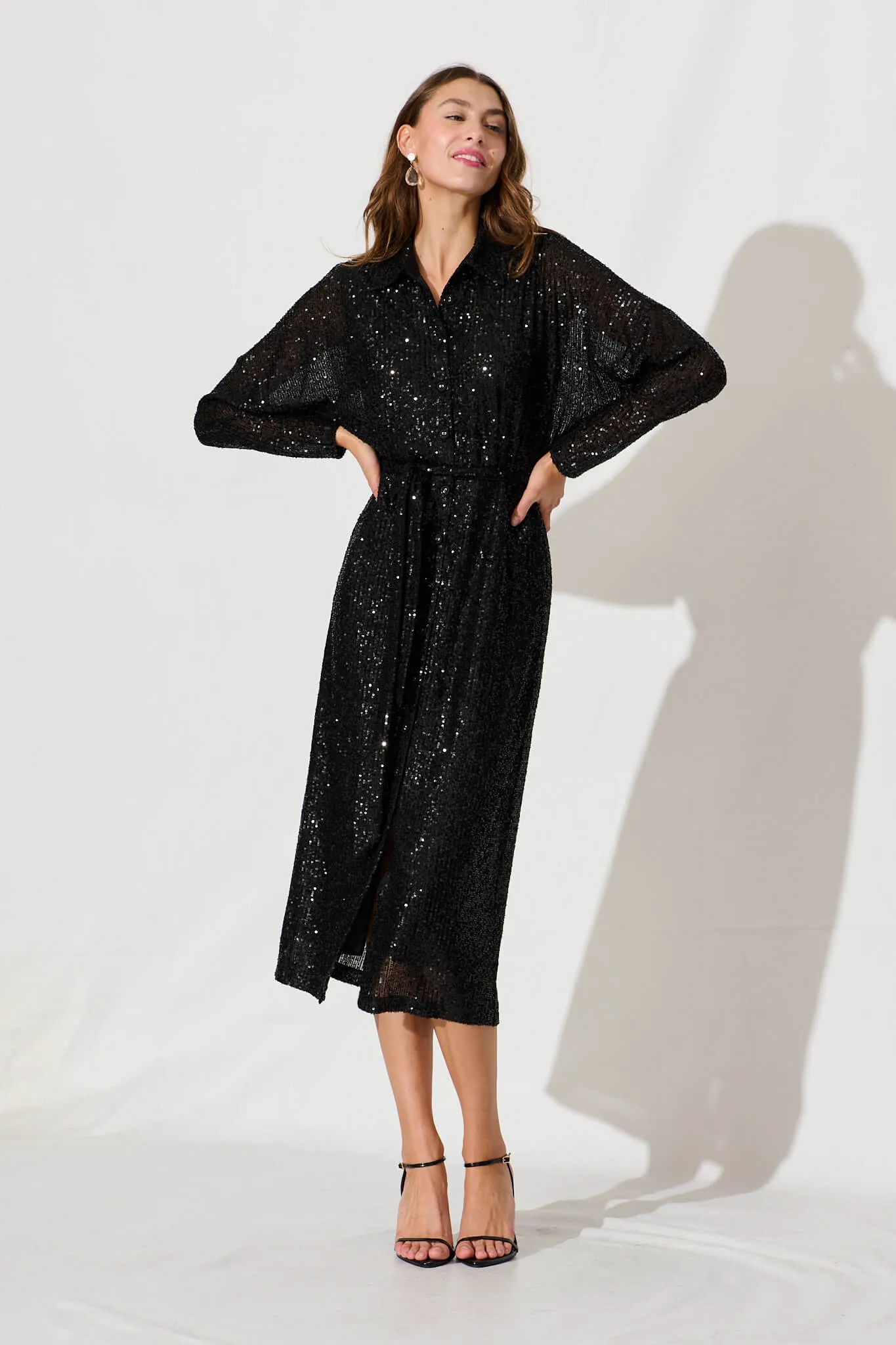 Diva Midi Shirt Dress In Black Sequin sold by St Frock product image thumbnail 2