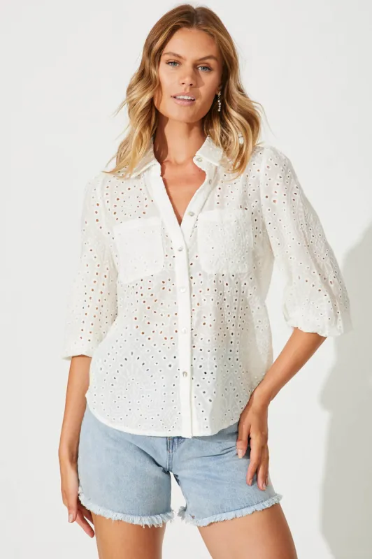 Delight Shirt In White Broderie Linen Blend sold by St Frock
