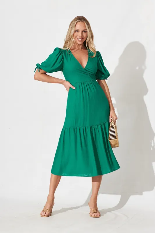 Heather Midi Dress In Green Linen Blend sold by St Frock