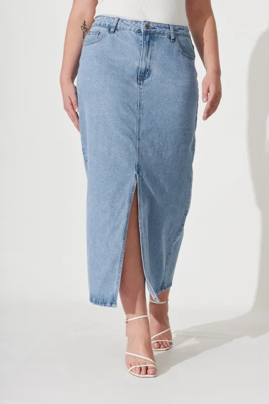 Lattice Maxi Denim Skirt In Light Blue Wash sold by St Frock