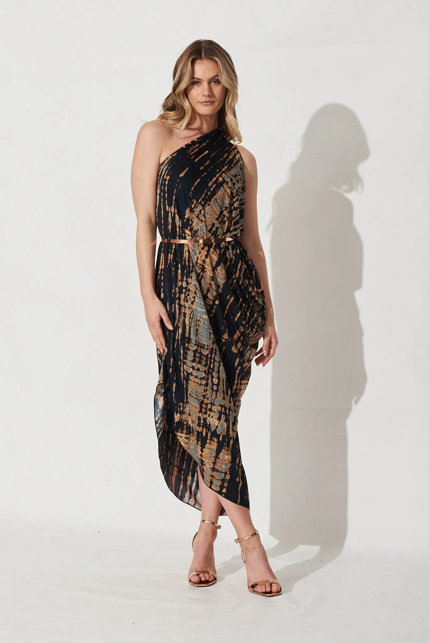Goddess One Shoulder Maxi Dress In Navy With Rust Print sold by St Frock