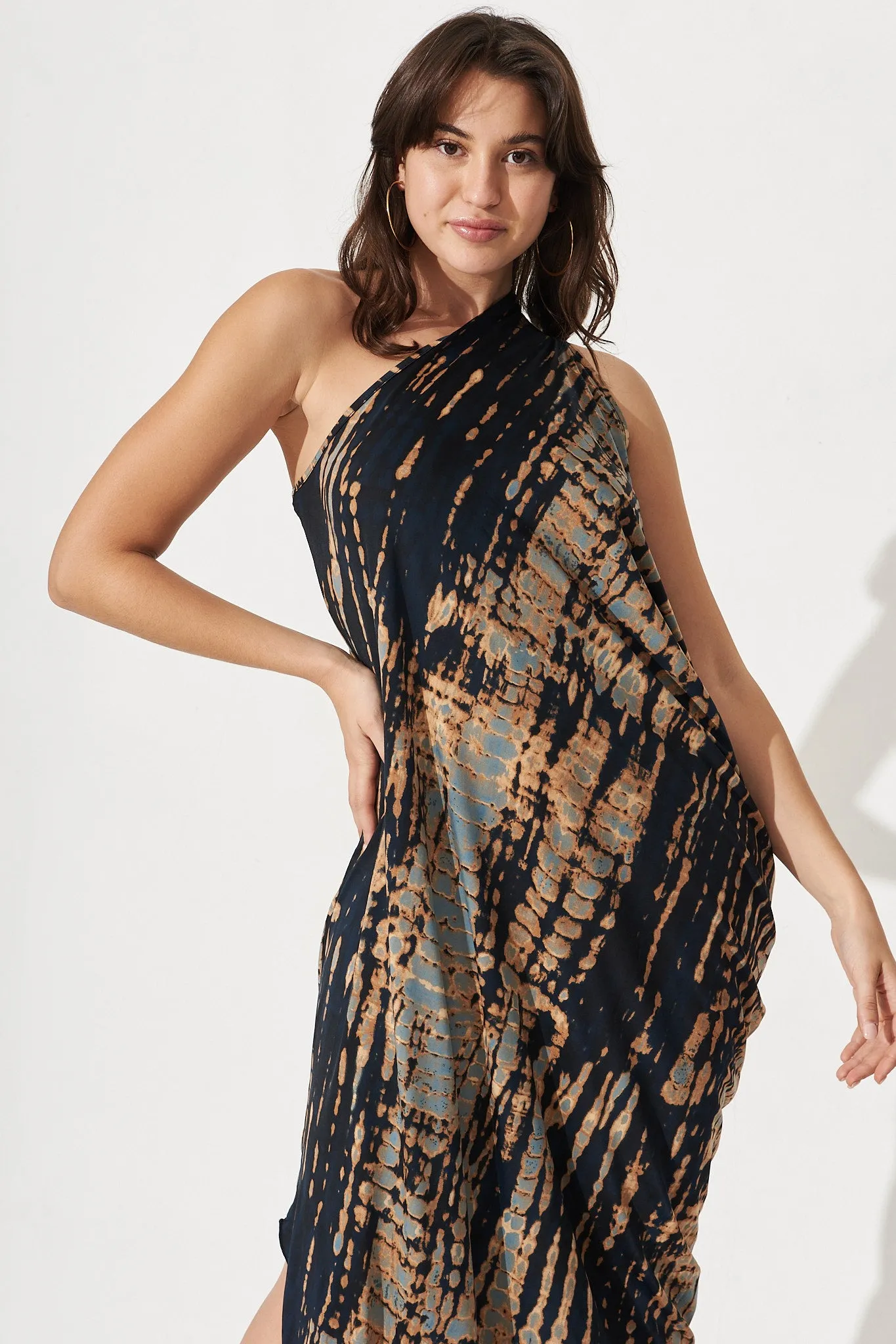 Goddess One Shoulder Maxi Dress In Navy With Rust Print sold by St Frock product image thumbnail 3