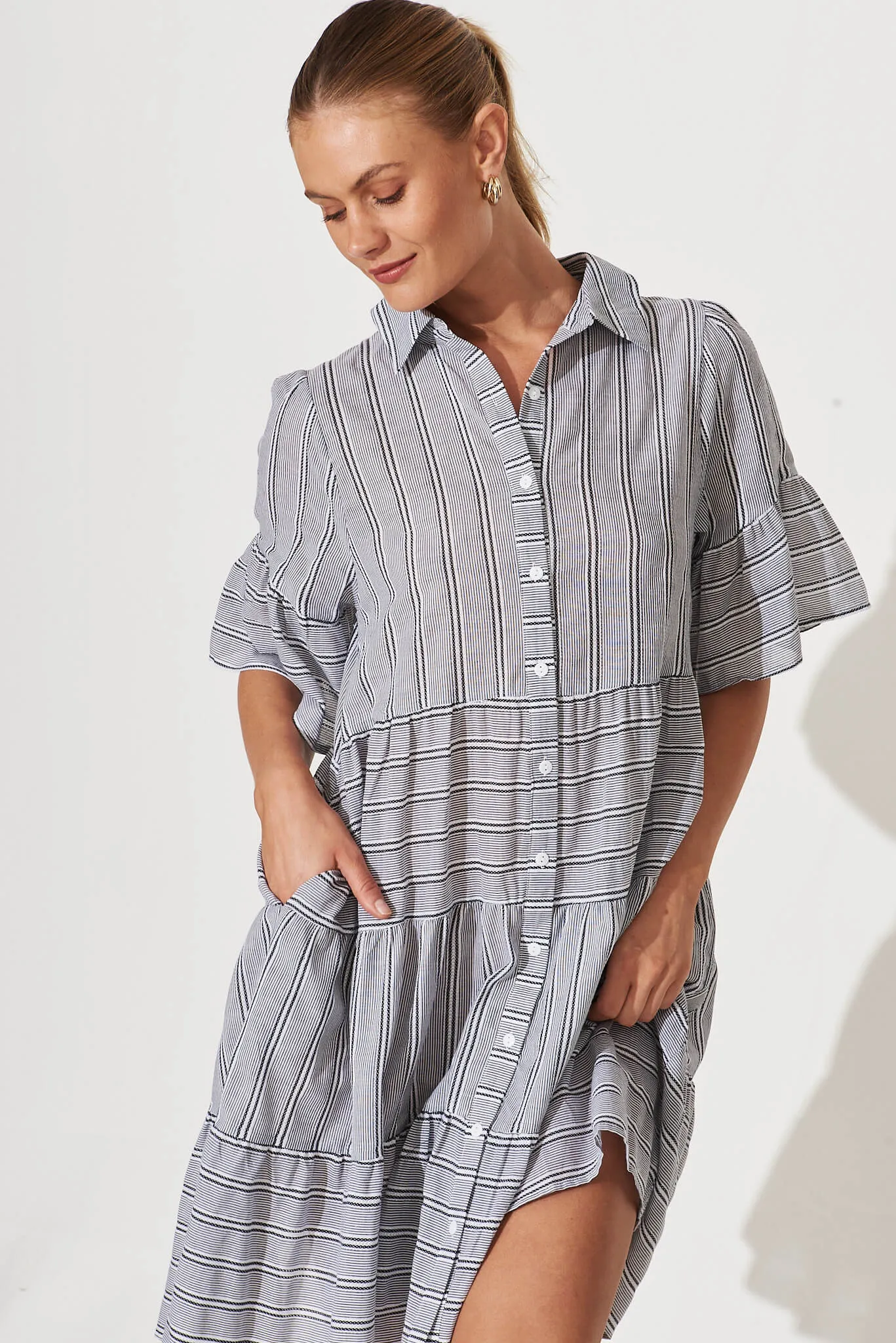 Glorianna Smock Dress In Black With White Stripe Cotton sold by St Frock product image thumbnail 2