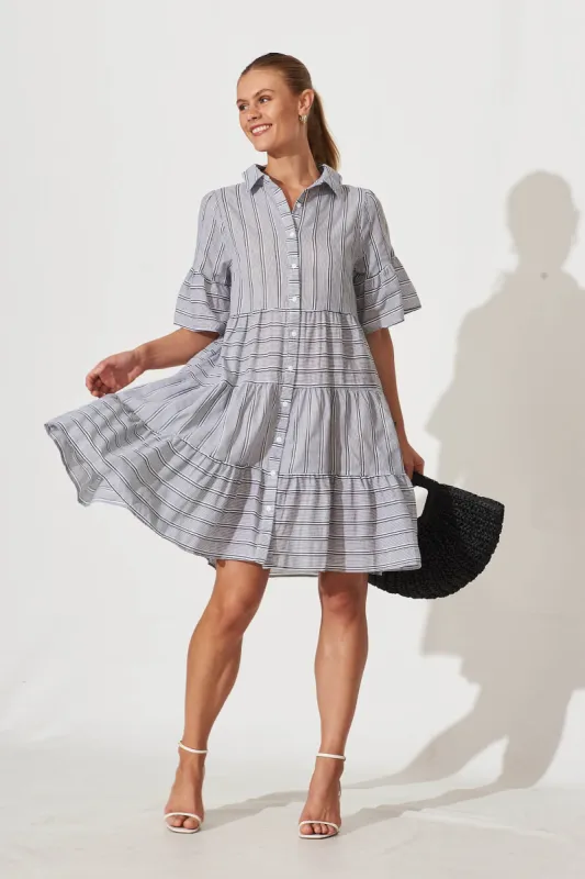 Glorianna Smock Dress In Black With White Stripe Cotton sold by St Frock