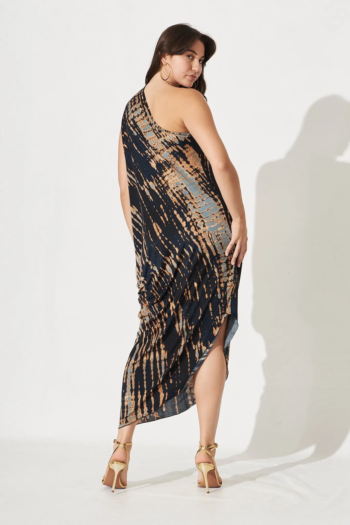 Goddess One Shoulder Maxi Dress In Navy With Rust Print sold by St Frock product image thumbnail 5