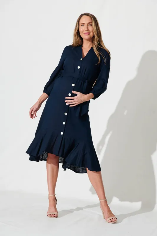 Heartland Midi Dress In Navy Linen Blend sold by St Frock
