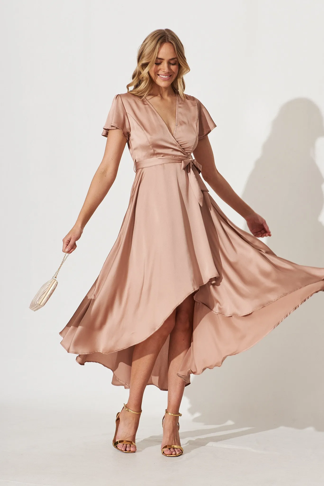 Marilou Maxi Dress In Dark Champagne Satin sold by St Frock