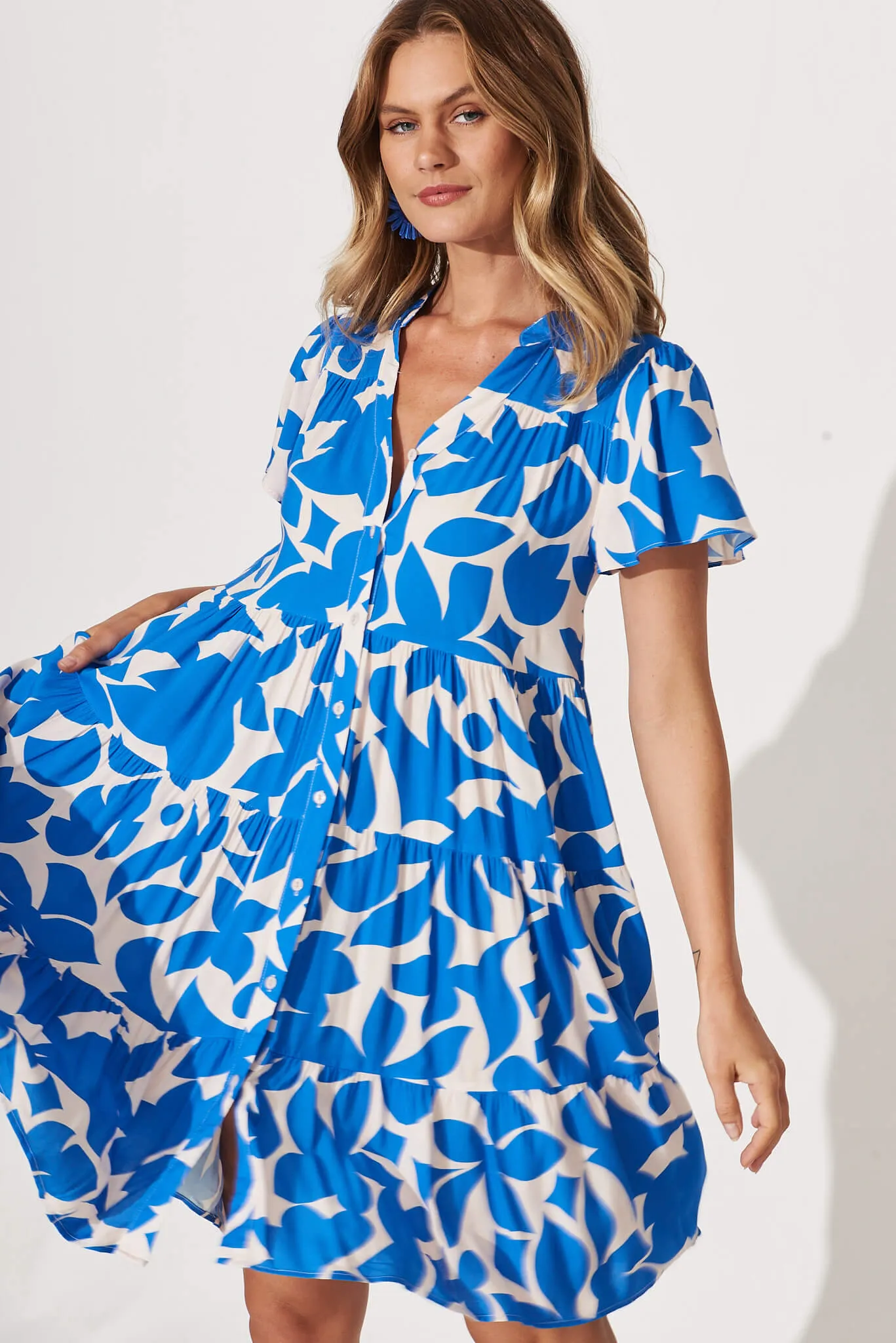 Saldana Smock Dress In White And Blue Leaf Print sold by St Frock product image thumbnail 2