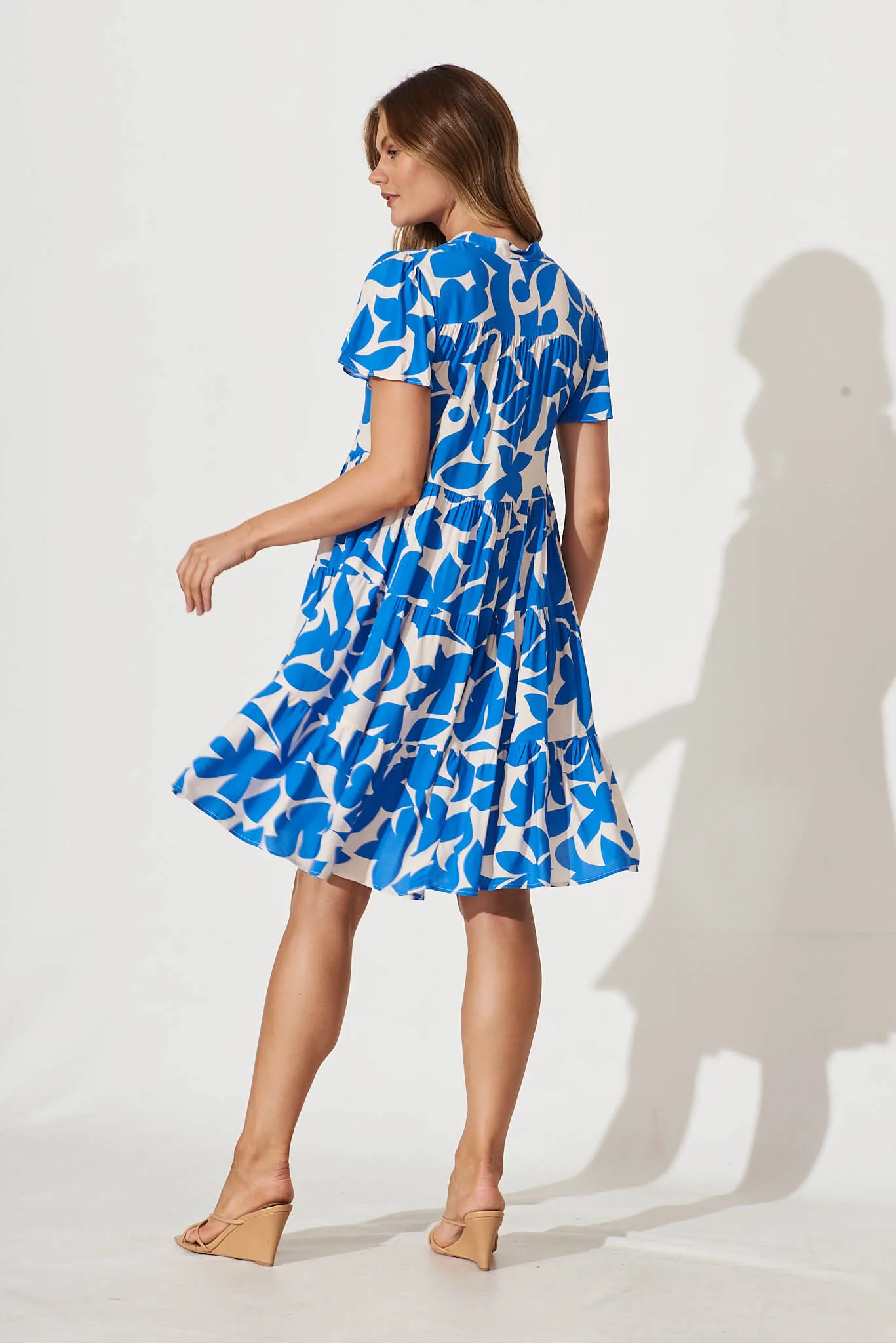 Saldana Smock Dress In White And Blue Leaf Print sold by St Frock product image thumbnail 4