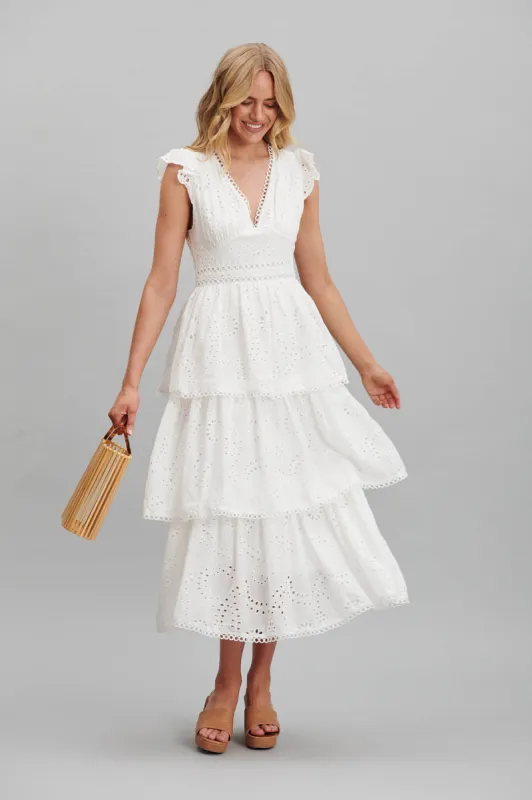 Wonderland Maxi Dress In White Cotton Broderie sold by St Frock