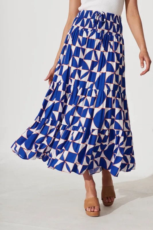 Leticia Maxi Skirt In Blue With White Geometric Print sold by St Frock