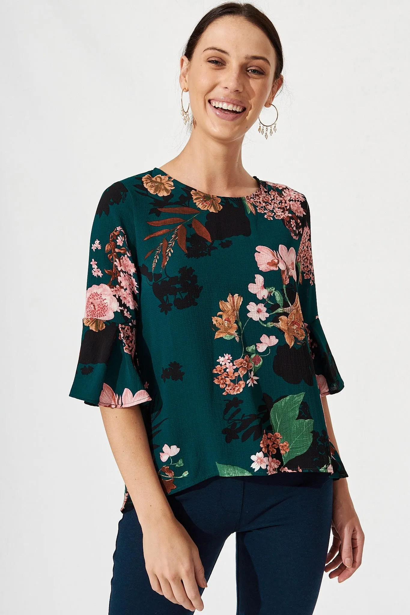 Tai Top In Green With Apricot Floral sold by St Frock