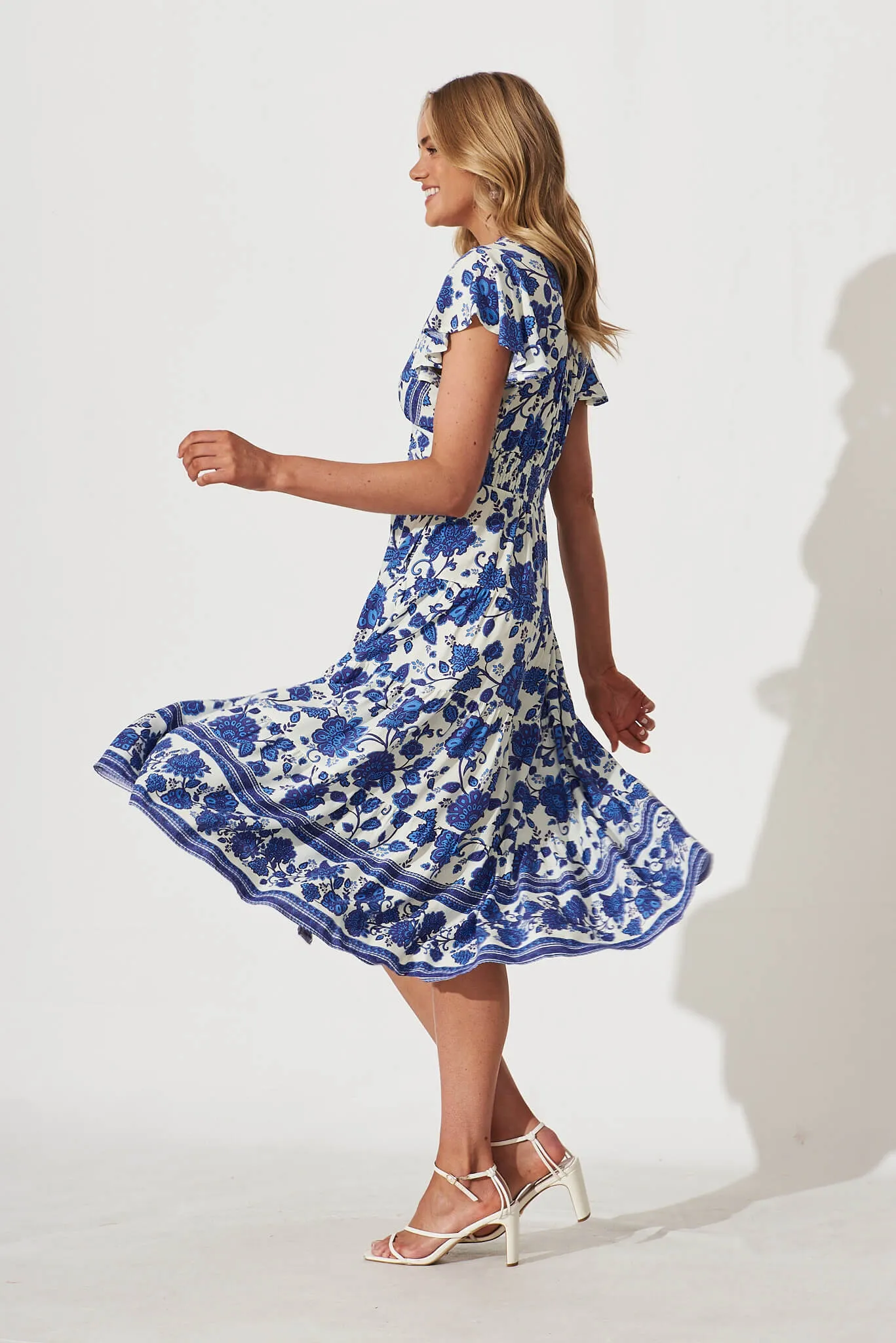 Lively Midi Dress In Cream With Blue Floral Border Print sold by St Frock product image thumbnail 3