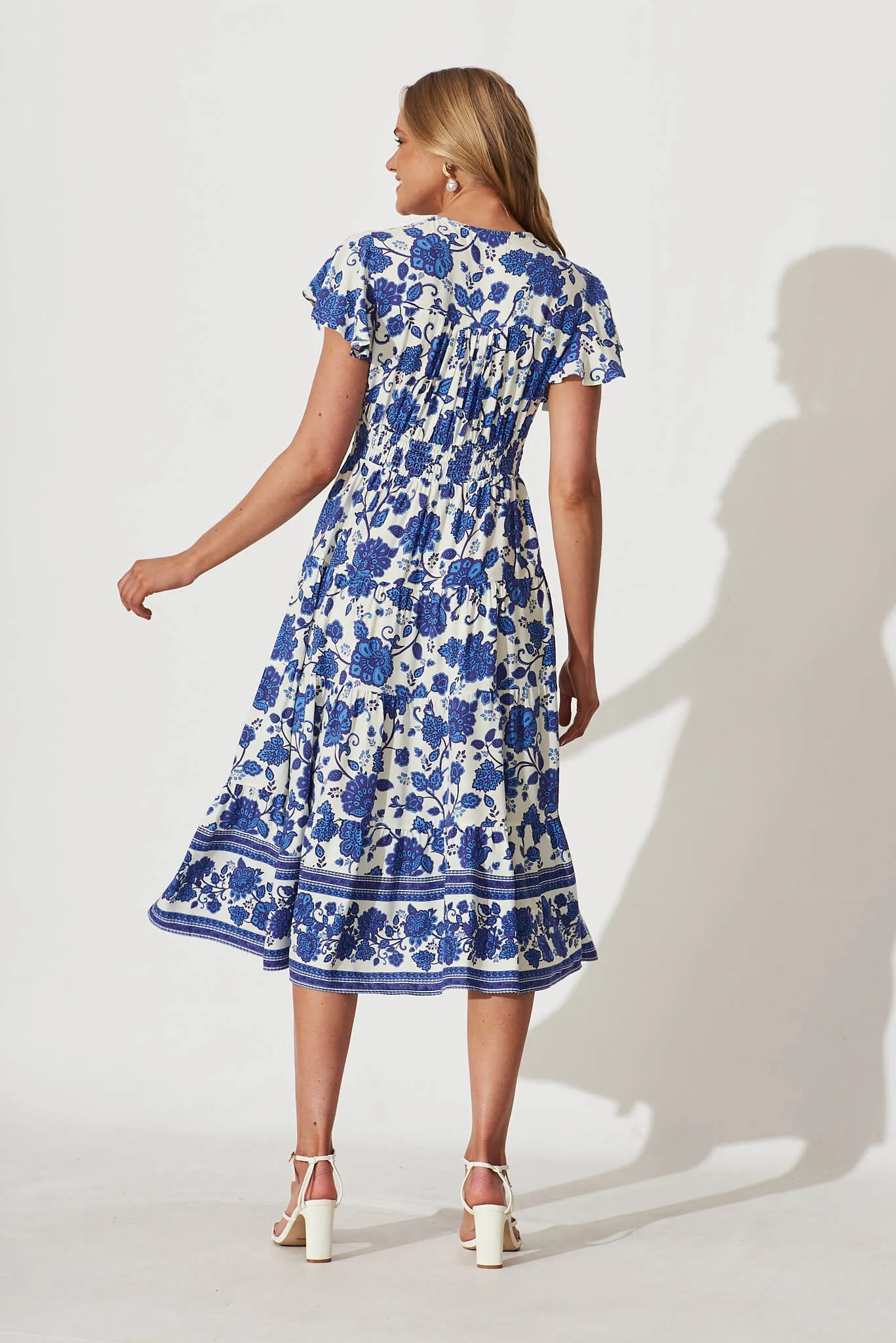 Lively Midi Dress In Cream With Blue Floral Border Print sold by St Frock product image thumbnail 4