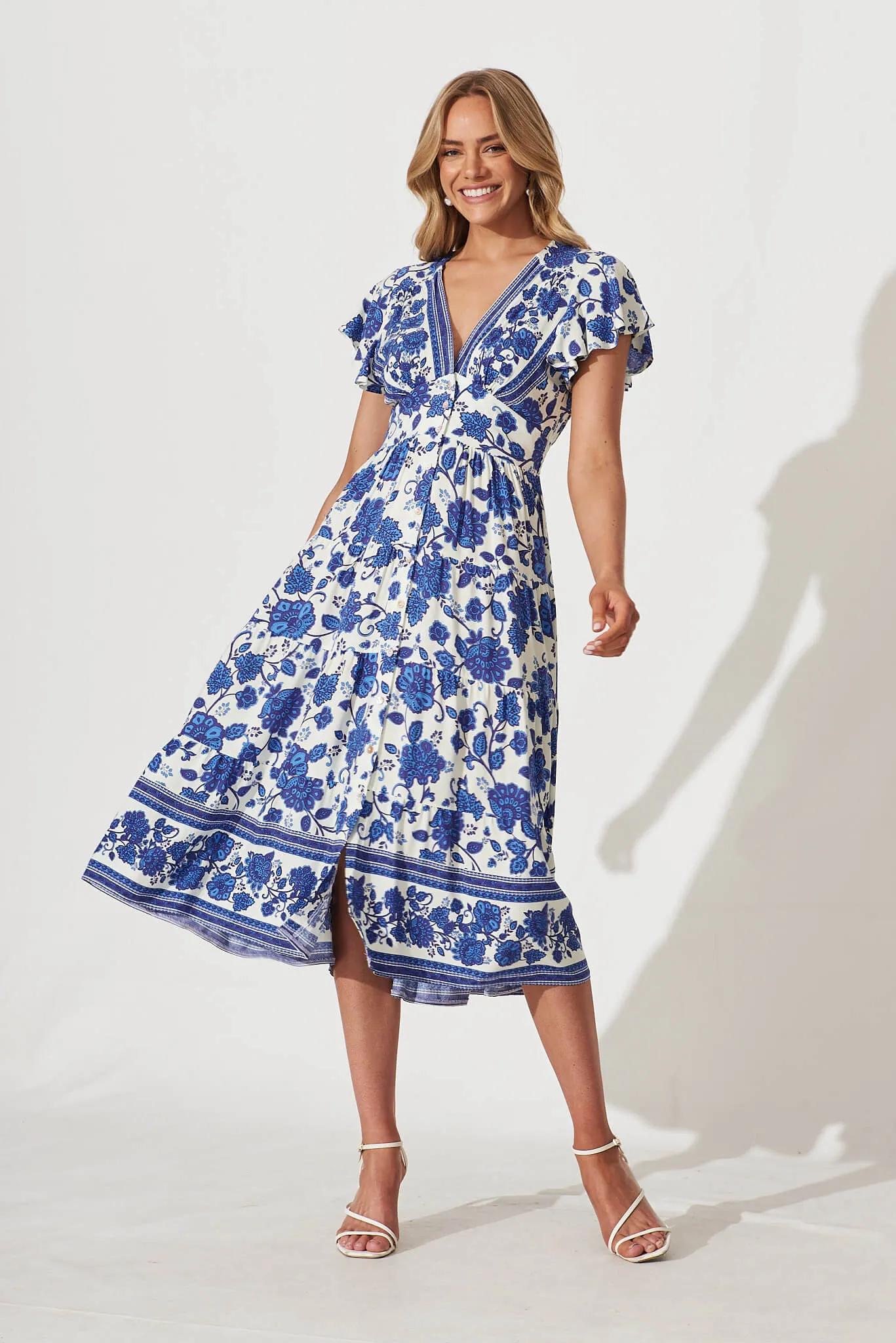Lively Midi Dress In Cream With Blue Floral Border Print sold by St Frock
