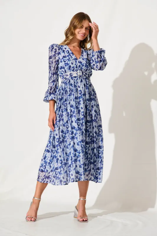 Vichy Midi Dress In Blue Watercolour Cotton Blend sold by St Frock