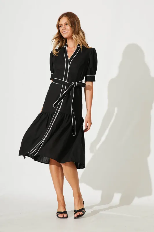 Darina Midi Shirt Dress In Black With White Linen Blend sold by St Frock