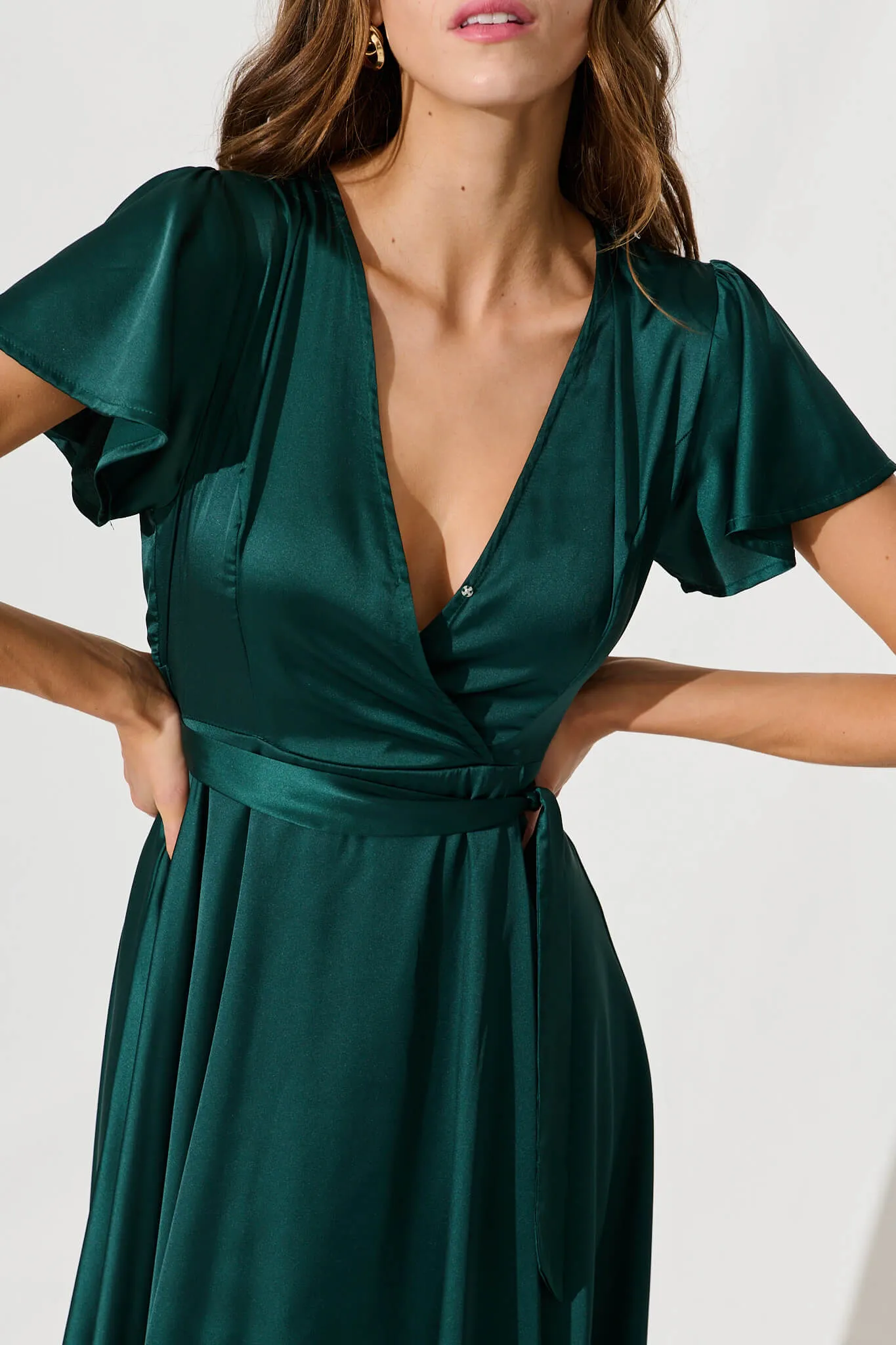 Loulou Maxi Dress In Emerald Satin sold by St Frock product image thumbnail 5