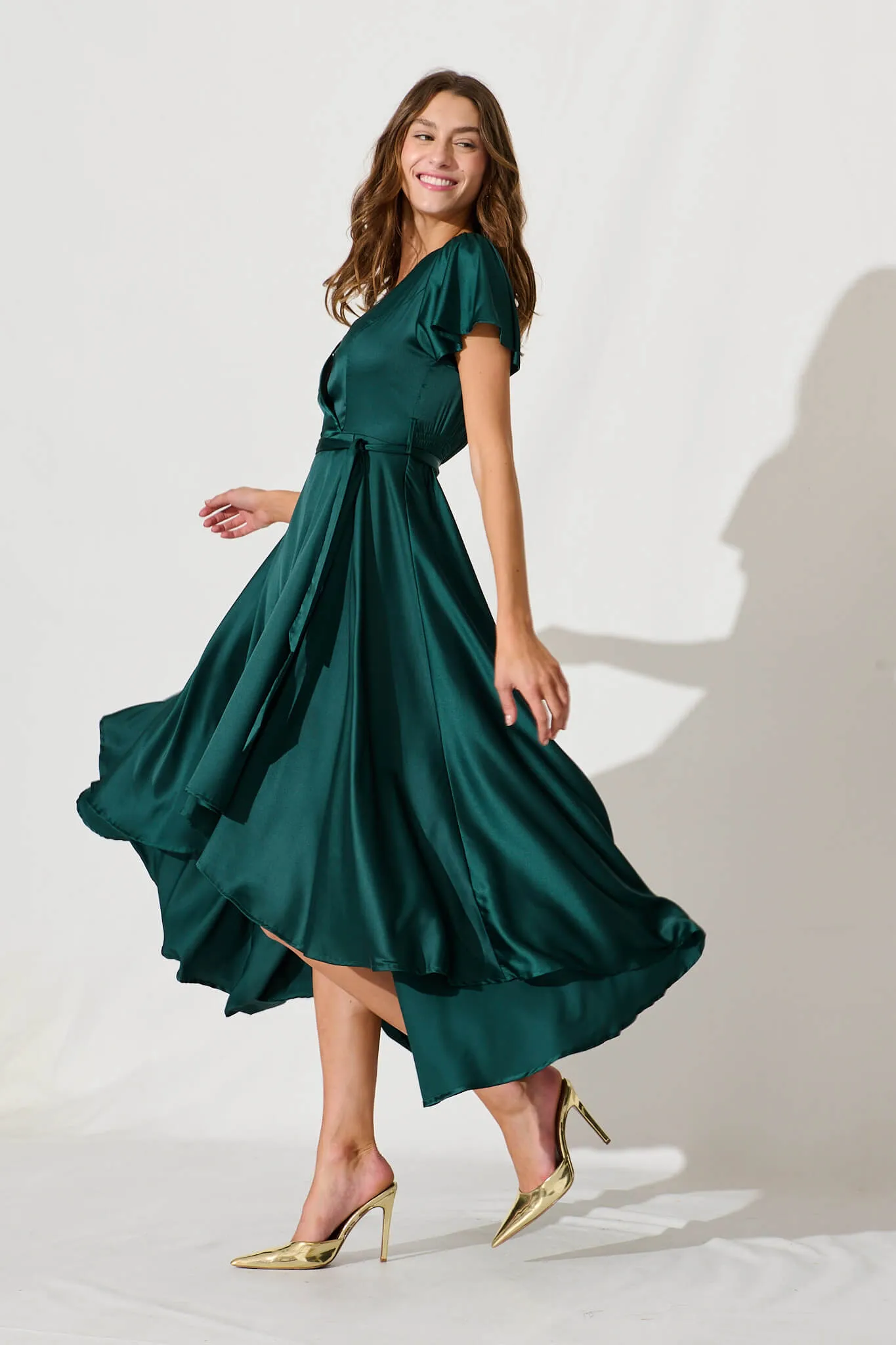 Loulou Maxi Dress In Emerald Satin sold by St Frock product image thumbnail 3